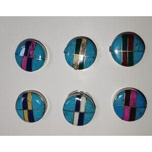 Turquoise and multicolor inlay 0.75" button covers, 6 pieces. Back snap closure.